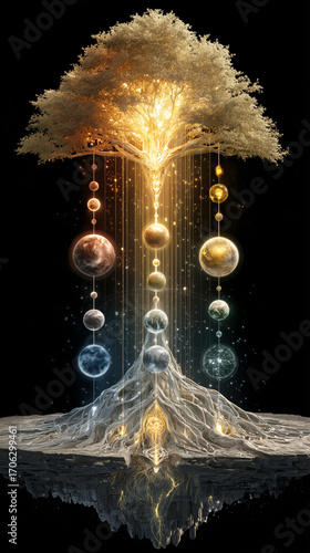 Cosmic visualization of the World Tree Yggdrasil connecting celestial planets.