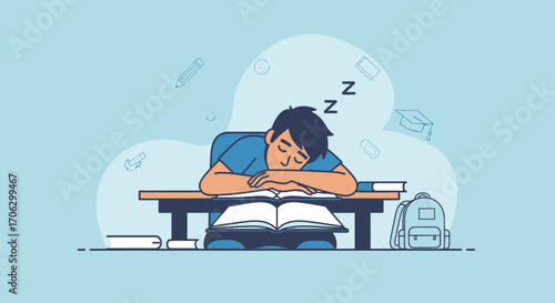 Tired Student Dozing Off at Desk While Studying: Educational Concept Illustrated