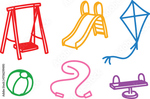 Colorful hand-drawn doodles of playground toys and fun kids activities