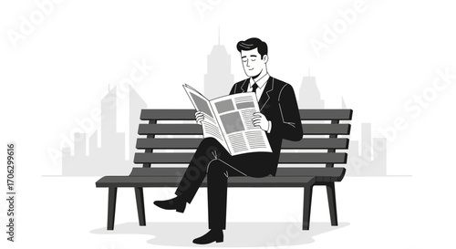 Sophisticated Gentleman Reading A Newspaper on a Bench With Cityscape in the Background