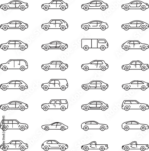 side profile car vectors minimal outline set includes sedan coupe hatchback suv truck line art icons for automotive design