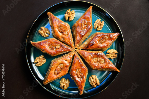 Baklava with walnuts. Homemade baklava with nuts and honey.