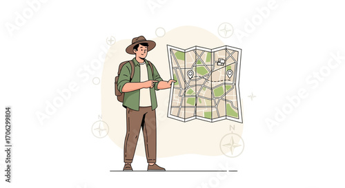 Traveler Pointing At Map Outdoors Illustrating Exploration And Direction Finding
