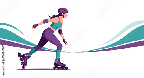 Sporty Skater Gliding Swiftly Across The White Background With Dynamic Wavy Graphics