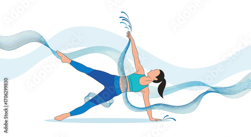 Sporty Woman Performs Yoga Pose with Flowing Blue Water Lines In Active Wellbeing