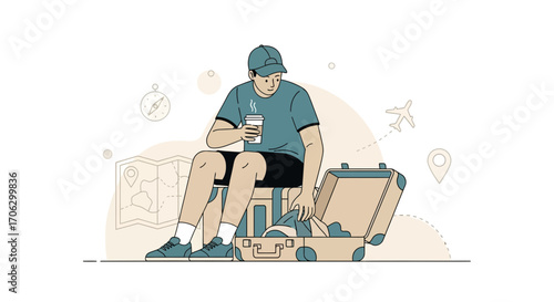 Traveler Preparing Luggage And Drinking Coffee While Planning World Adventures Journey
