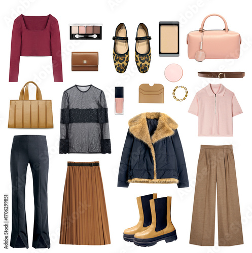 Female clothing collection,women's clothes set isolated.FAshion garment board. Collage of autumn style apparel.