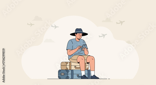 Traveler Using Phone Sitting On Luggage Waiting For Flight Departure Conceptual Illustration