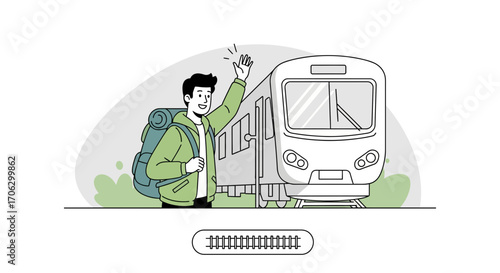 Traveler Waving Goodbye Near Subway Train, Departing on an Adventure, Exploration Concept