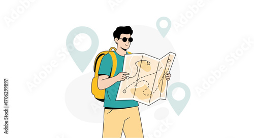 Traveler With Backpack Consulting Map, Exploring, Finding Directions, And Achieving Goals