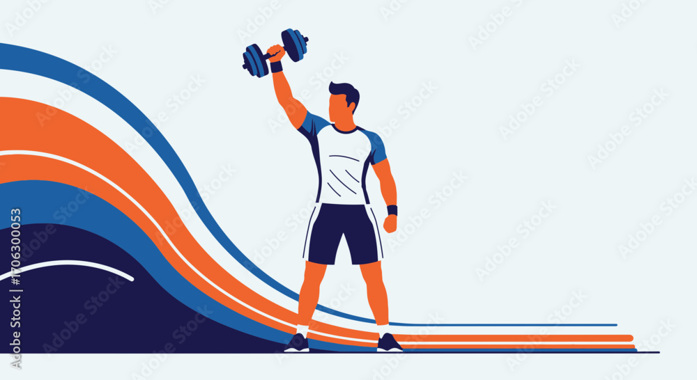 Fototapeta premium Strong Athlete Raising Weight Amidst Dynamic, Vibrant Abstract Background