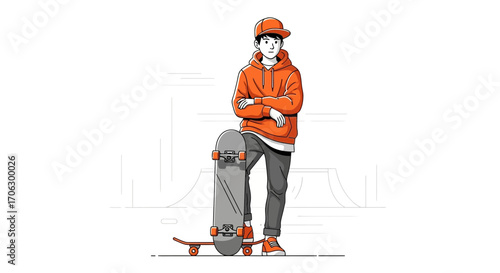 Trendy Young Skateboarder Posing With Board, Minimalist Illustration, Contemporary Design