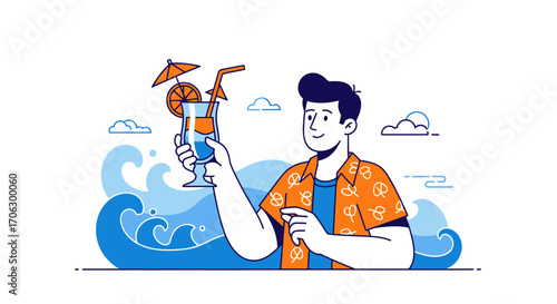 Tropical Getaway Illustration: Man Enjoys Cocktail On The Coast, Embracing Summer Vibes