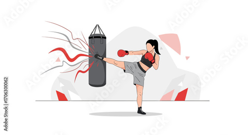 Strong Female Boxer Kicks Training Bag With Dynamic Motion, Powerful Exercise And Intense Workout