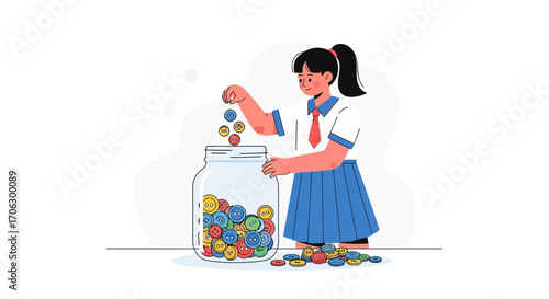 Student Adorning Savings Accumulation Via Buttons Into A Glass Jar For Future Goals