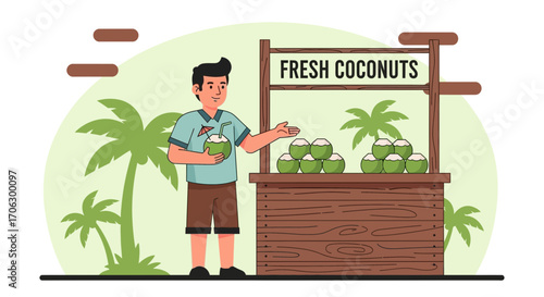Tropical Vendor Stands Proudly Beside His Refreshing Coconut Juice Stand for Drinkers