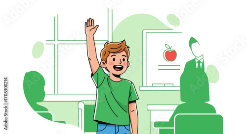 Student Eagerly Raising Hand For Quiz Answering In Classroom, Bright Smiling Face