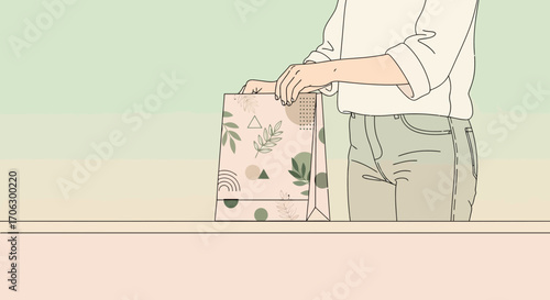 Unpacking Delights: Illustrative Artwork Reveals Shopping Bag With Botanical Accents