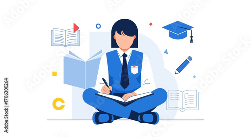 Student Engaged In Study In Modern Style With Graduation Cap and Books Visual