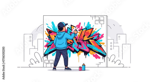 Urban Artist Creating Graffiti Artwork on a Wall with Bright Spray Paint Colors