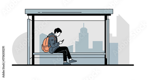 Urban Dweller With Backpack Watches Mobile Device While Awaiting Transport Connection