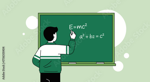 Student Explaining Physics Equations On Green Chalkboard With Abstract Background Illustration