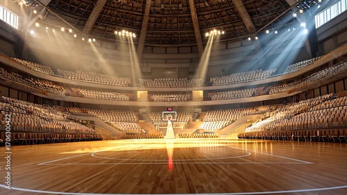 Spacious arena with hardwood court, stadium seating, overhead lighting