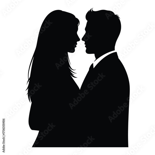 Romantic couple silhouette gazing at each other in tender embrace silhouette