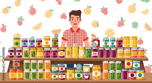 Vendor Showcasing Preserved Foods And Jars On Display With Fresh Fruit Backdrops