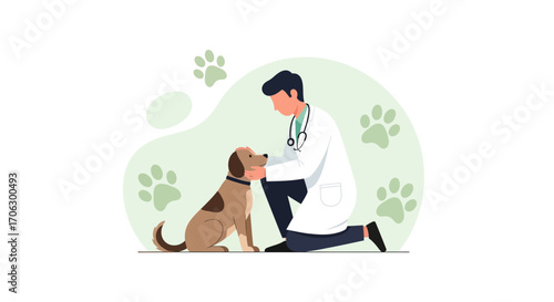 Vet Examining Happy Dog's Health: Medical Care for Pet's Well Being and Illustration