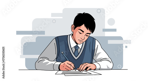 Student Focused on Writing, Demonstrating Concentration and Diligence in a School Setting