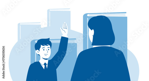 Student Raises Hand for Questions During Learning Process in College Library