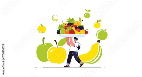 Vibrant Illustration Of A Person Delivering A Colorful Platter Of Fresh, Healthy Food