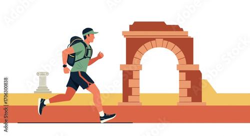 Vibrant Illustration Of A Person Running With Backpack Near Historical Archway With Abstract Style