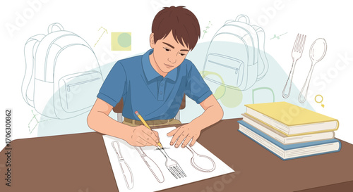 Student Sketching Cutlery Designs on Paper, Preparing for a Culinary Art Class