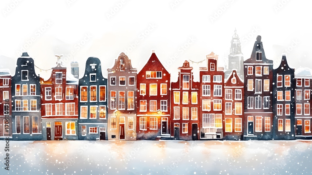 Fototapeta premium Watercolor Dutch Canal Houses – Realistic Amsterdam Holland Architecture Street Facades with Bicycles, Flowers and Snow