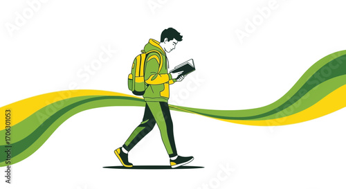 Student Walking And Reading, A Dynamic Depiction of Education and Movement