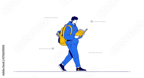 Student Walking And Reading With Backpack, Modern Educational Illustration Design