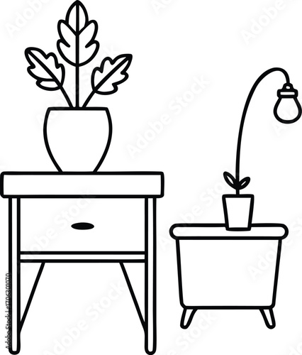 Line art illustration of a nightstand with a plant and a floor lamp, isolated on white background