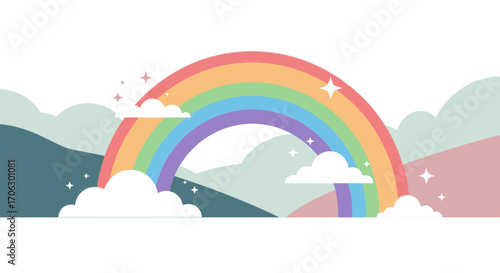 Vibrant Rainbow Over Serene Landscape, Illustration of Hope, Joy, And Peaceful Moments