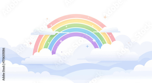 Vibrant Rainbow Ascending Above Fluffy Clouds, Creating A Joyful and Uplifting Scene