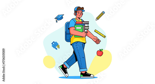 Student Walking To School With All Of The Supplies And A Book In Hand