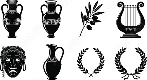 Ancient Greek symbols and artifacts. Lyre, olive branch, amphora, ancient Greek symbols and artifacts, mask, laurel wreath vector illustration 