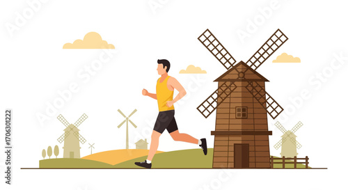 Vibrant Runner Enjoying Scenic Landscape of Windmills and Fields, Outdoor Running