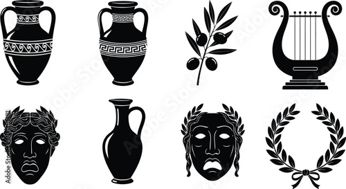 Ancient Greek symbols and artifacts. Lyre, olive branch, amphora, ancient Greek symbols and artifacts, mask, laurel wreath vector illustration 