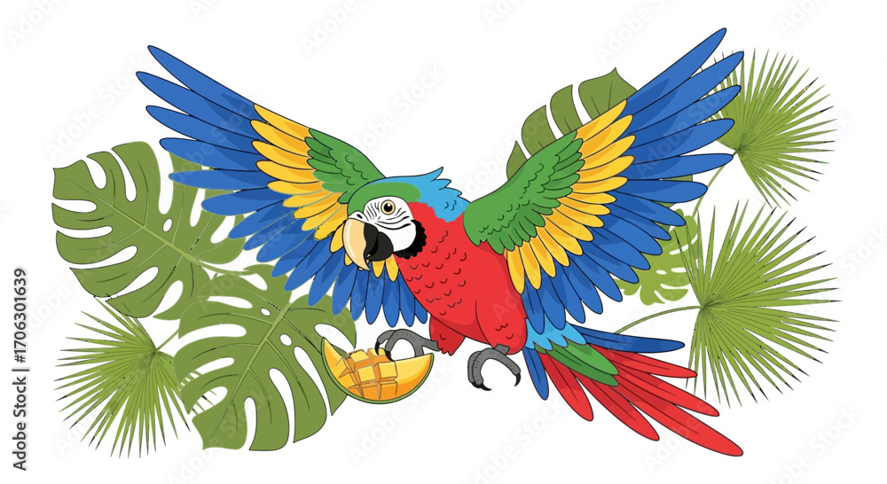 Obraz premium Vibrant Tropical Macaw with Mango and Lush Foliage in Flight for Design