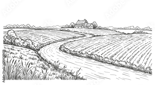 Vintage ink sketch of a winding river in the middle of an agricultural field with a distant farm, black and white vector engraving illustration, SVG