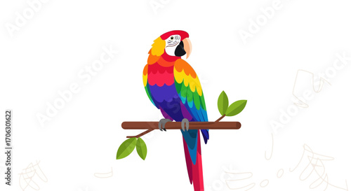 Vibrant Tropical Macaw Bird Perched On Branch With Lush Green Leaves Illustration
