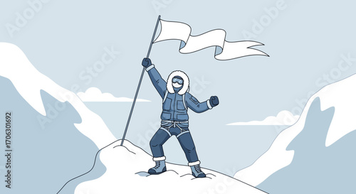 Victorious Climber Reaches Mountain Peak, Waving Flag, Celebrating Triumph and Achievement