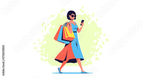 Stylish Shopper Strolls, Browsing Her Phone, Carrying Colourful Shopping Bags